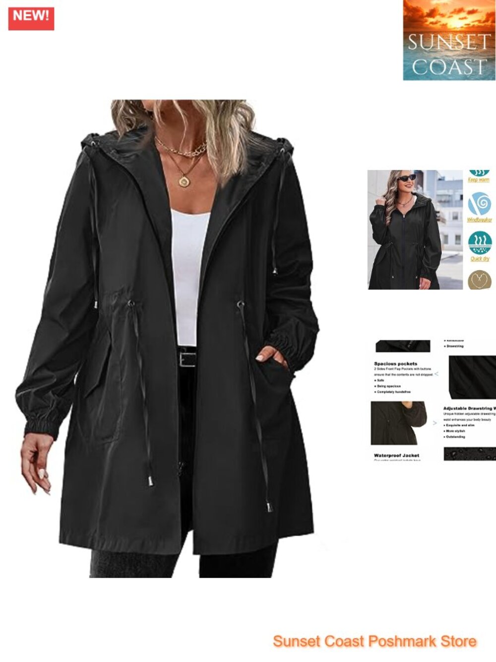 Plus Size Long Waterproof Polyester Raincoat Hooded Drawstring Waist